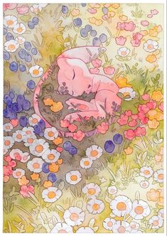 a watercolor painting of a baby sleeping in a nest surrounded by wildflowers