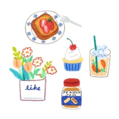 a drawing of some food and drinks on a plate