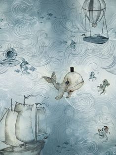 an illustration of a whale and other animals floating in the ocean with hot air balloons