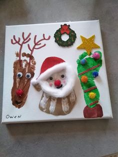 a christmas card with santa claus, reindeer and snowman made out of plasticine