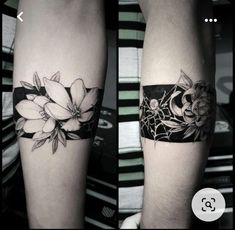 two black and white tattoos with flowers on them