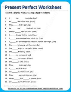 the present perfect worksheet is shown in blue and white, with words on it