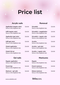 Promoting Nail Business, Nail Salon Checklist, Prices For Nails, Acrylic Nails Price List, Nail Tech Schedule, Nail Flyers Ideas, Nail Tech Inventory List, Nail Artist Name Ideas