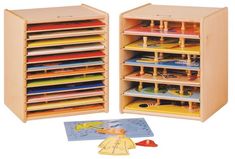 two children's wooden storage cabinets with trays