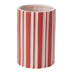 a red and white striped vase on a white background