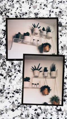 two pictures of pots and plants on a shelf in the corner of a room with black speckles