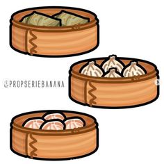 three wooden bowls filled with food on top of each other