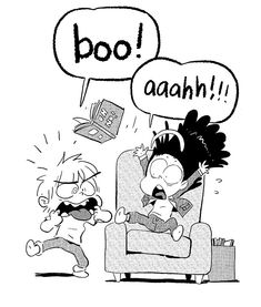 an image of two people talking to each other with speech bubbles above their heads that read boo aaahh