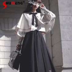 2023 Autumn Winter Japanese Rojita Cloak Vest Shirt Long Skirt Preppy Style Uniform Elegant New Year Long Dresses Western, Cape Skirt, Uniform Fashion, Suit Fabric, Vest White, Long Shirt Dress, Vest Shirt, Womens Long Sleeve Shirts, Girls Bows