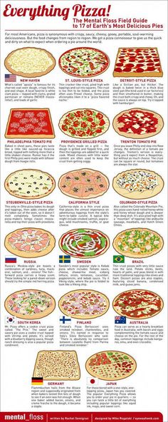 an advertisement with different types of pizzas on it