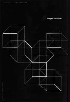 an abstract black and white poster with lines in the shape of cubes on a black background