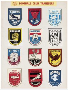 the football club's emblems are displayed on a white board with red, yellow and blue colors