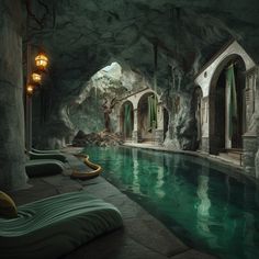 an indoor swimming pool in a cave with green water and lights hanging from the ceiling