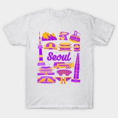 Seoul cityscape landmark with flat illustration style. -- Choose from our vast selection of Crewneck and V-Neck T-Shirts to match with your favorite design to make the perfect graphic T-Shirt. Pick your favorite: Classic, Boxy, Tri-Blend, V-Neck, or Premium. Customize your color! For men and women. City Skyline Tshirt, City Shirt Design, Souvenir T Shirt, City Tshirt Designs, Flat Illustration Style, Merch Inspiration, Social Media Branding Design, South Korea Seoul, Book Merch