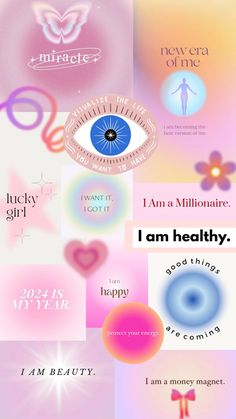 an image of the words i am healthy in different colors and shapes, including pink, blue