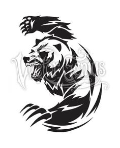 a black and white silhouette of a bear's head with claws in the air