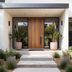 the front entrance to a modern home with potted plants