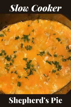 a casserole dish with cheese and parsley on top in a skillet