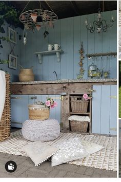 several different pictures of an outdoor area with furniture and baskets on the floor, in front of a blue painted wall