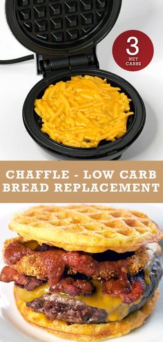 an egg sandwich with bacon and cheese on it is in a waffle - shaped pan