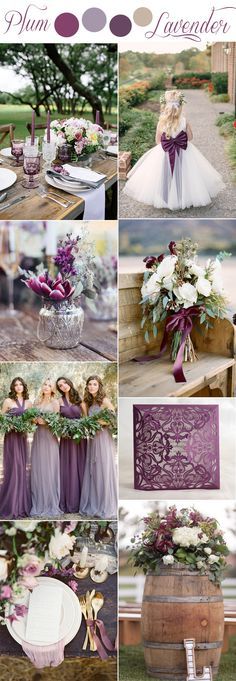 purple and white wedding color palettes for the bride's gown, flowers, and other accessories