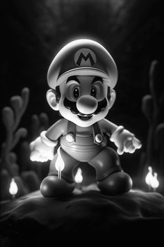 a black and white photo of a nintendo mario in front of some plants with glowing lights