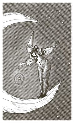 an illustration of a man standing on the moon with his arms outstretched, looking up at the sky