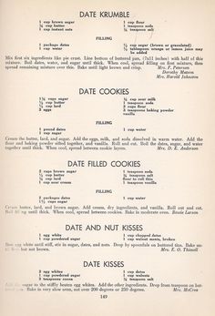 an old recipe for date cookies is shown in black and white