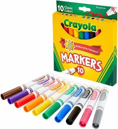 crayola markers are lined up in a box