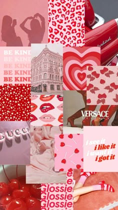 the collage has many different images and words on it, including red heart shapes