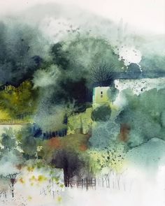 an abstract painting with trees and bushes in the foreground, watercolor on paper