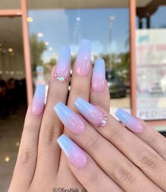 Nails Pink And Blue, Ombre Nails Pink, Pink And Blue Nails, Gender Reveal Nails, Baby Shower Nails, Occasion Nails, Nails With Rhinestones