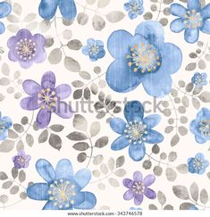 blue and purple flowers with leaves on a white background, watercolor painting style seamless pattern