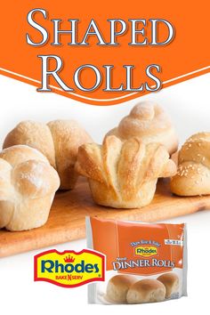 Butterflake, cloverleaf, and swirl rolls on a wooden board. Rhodes logo and packaging. Turkey Shaped Rolls, Thanksgiving Rolls Easy, Rhodes Bread Recipes, Rhodes Bread Dough Recipes, Frozen Dough Recipes, Shaped Dinner Rolls, Rolls For Thanksgiving, Rhodes Rolls Recipes, Rhodes Bread Dough