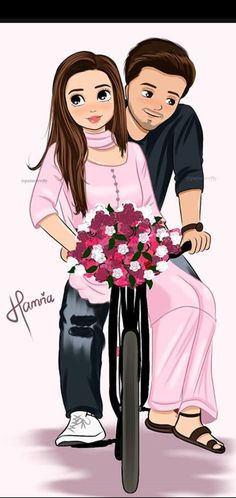 a man and woman sitting on top of a bike with flowers in the front basket