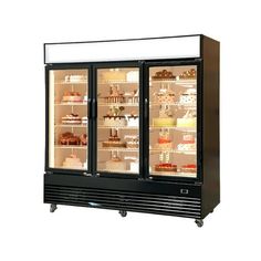 two glass door refrigeration refrigerators with food in the front and on the back