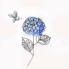 a drawing of a blue flower and a butterfly