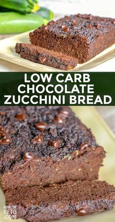 low carb chocolate zucchini bread on a plate with the title above it