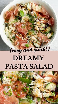 two pictures with the words easy and quick dreamy pasta salad