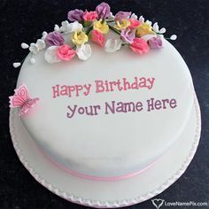 a birthday cake with flowers and butterflies on the top that says happy birthday dikijaan