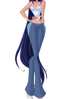 an anime character with long hair and blue pants, holding a cup in her hand