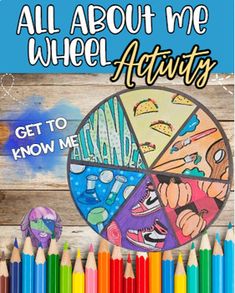 the cover of all about me wheel activity book with colored pencils in front of it