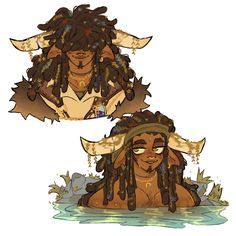 two drawings of women with dreadlocks sitting in the water and one is wearing a headdress