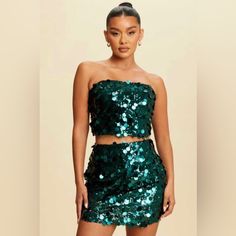 New Green Sequins Mini Skirt Set Sequin Set, Disco Diva, Chic Romper, Shirt And Skirt, Sequin Mini Skirt, Mini Skirt Set, Sequin Outfit, Top Skirt Set, Sequin Mini Skirts