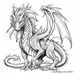 a black and white drawing of a dragon