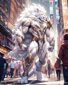 a man standing in the middle of a street next to a giant white lion statue