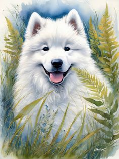 a painting of a white dog sitting in the grass with its mouth open and tongue out