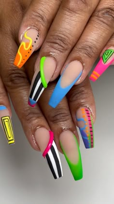 Annick Nicole | Inspired set 💫 . #glamdbyannick #blacknailtech #explore #explorepage #acrylicnails #bombnails #longnails #houstonnails #htxnails... | Instagram 80s Themed Nail Art, Building Gel Nail Designs, Flouresant Nails, Fire Design On Nails, Picture Frame Nails, Nail Designs Soft Pink, Line Design Nail Art, 80s Theme Nails, Extra Nails Designs