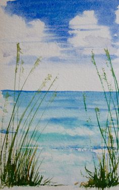 watercolor painting of grass and the ocean