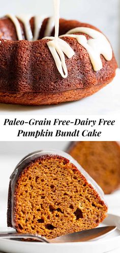 two pictures of a cake with white frosting on top and pumpkin bundt cake in the middle